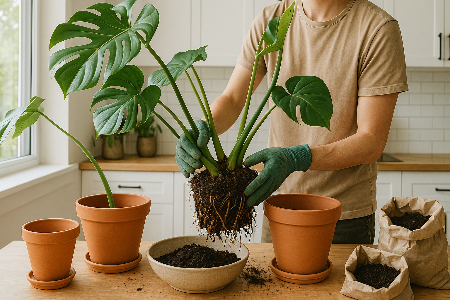 Person carefully repotting a monstera in a bright kitchen, with fresh soil and terracotta pots nearby