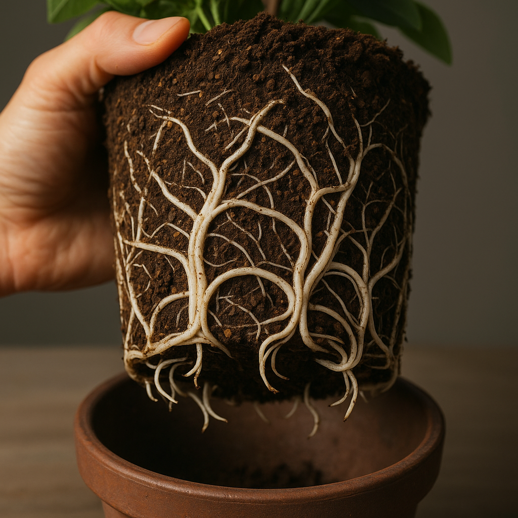 Close-up of root-bound plant with roots escaping drainage holes