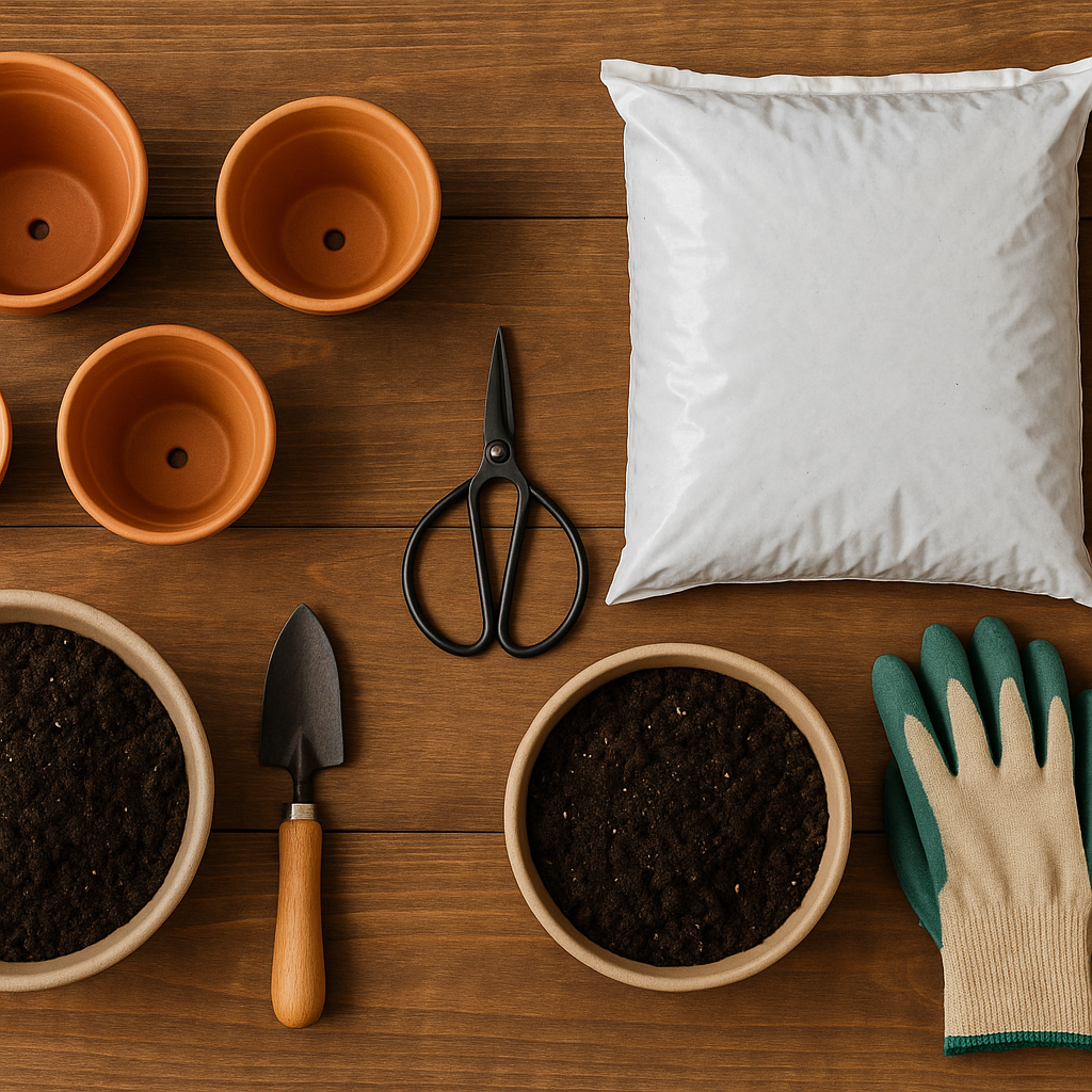 Flat lay of repotting supplies including pots, soil, scissors and tools