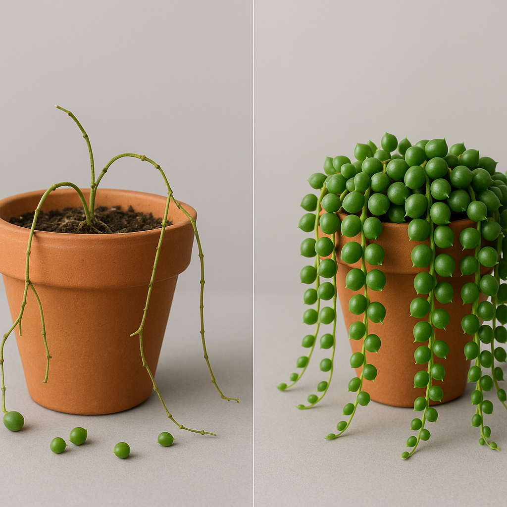 Before and after comparison of String of Pearls rescue — sad sparse plant beside lush full cascading plant
