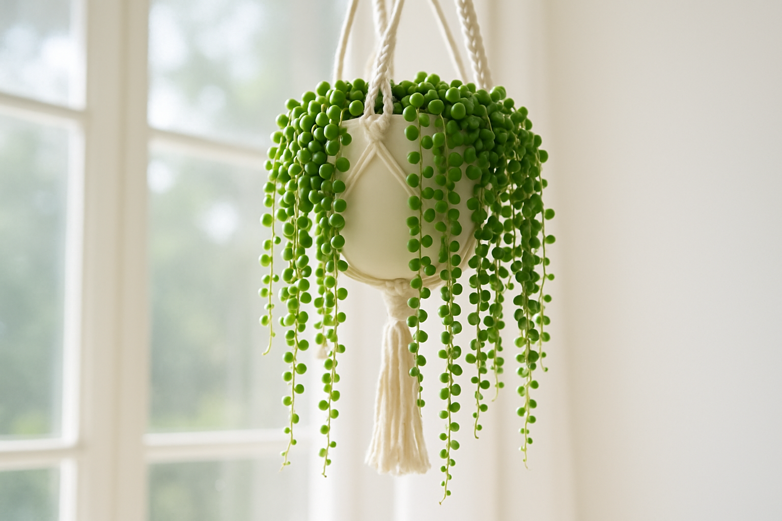 Healthy String of Pearls plant cascading from a white macramé hanger in a bright window with morning sunbeams