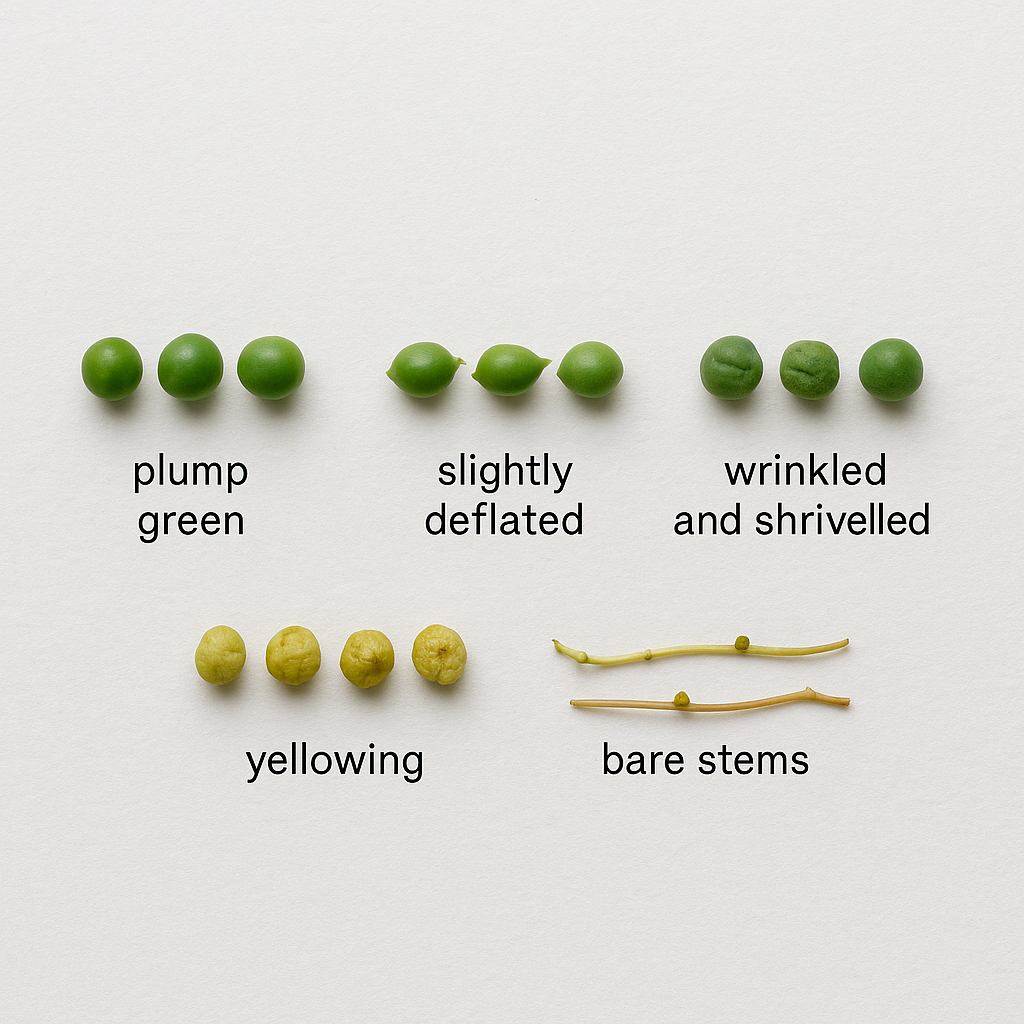 Five String of Pearls states showing healthy round pearls, lemon-shaped deflation, shrivelled wrinkles, mushy yellowing, and bare stems with fallen pearls