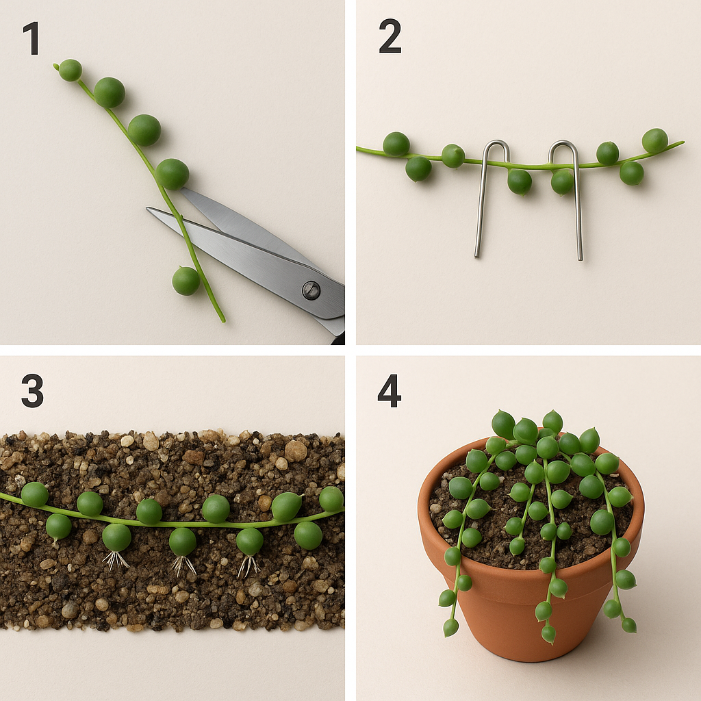 Four-panel step series showing String of Pearls propagation from strand selection to rooted plant
