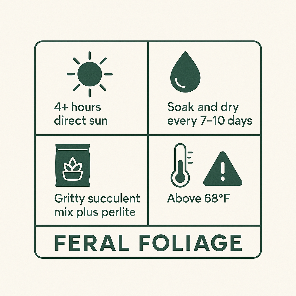 String of Pearls quick care cheat sheet infographic with icons for light, water, soil, temperature, and toxicity