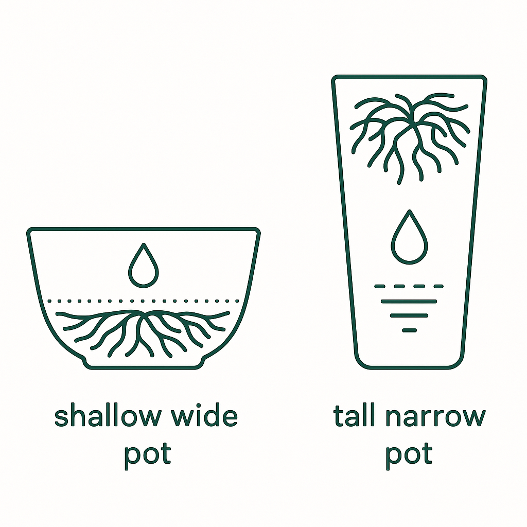 Cross-section illustration comparing shallow wide pot versus tall narrow pot showing String of Pearls root spread