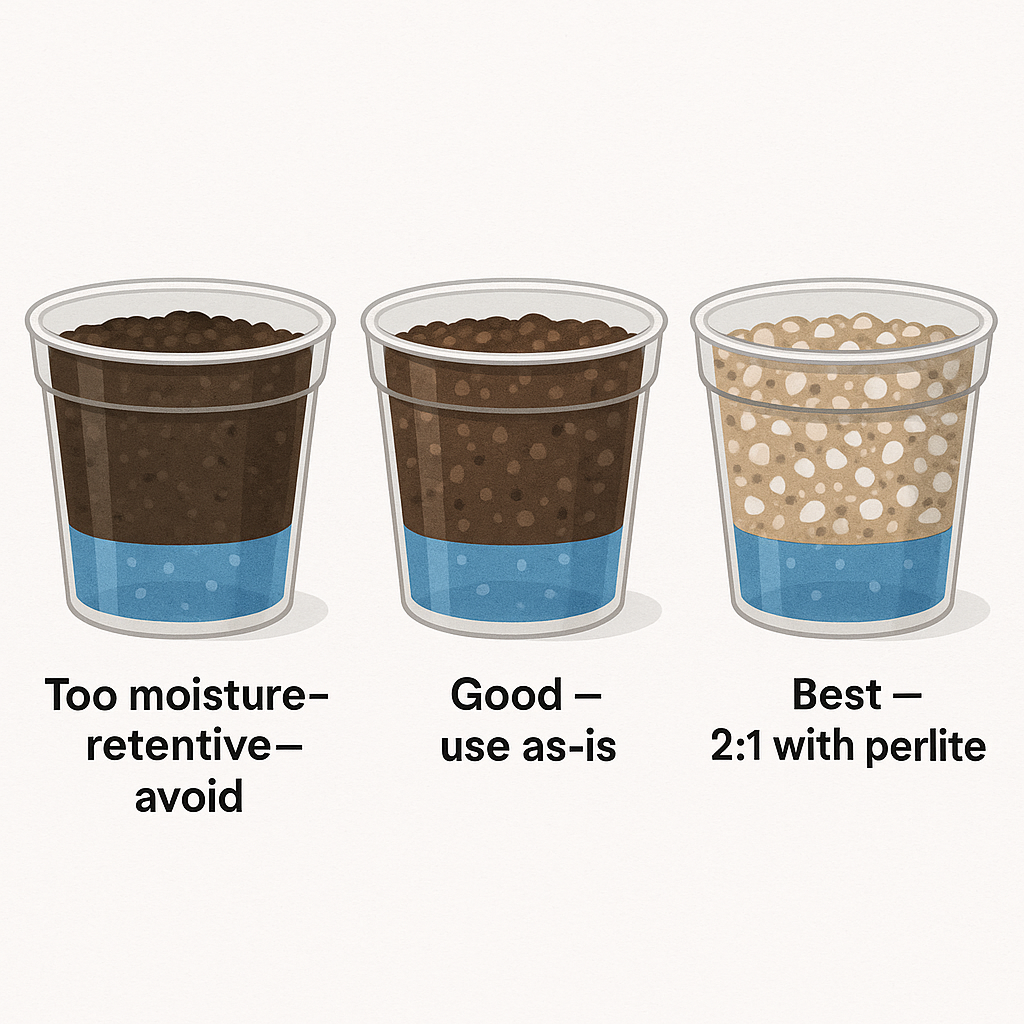 Three small pots showing standard potting soil versus succulent mix versus gritty perlite blend for String of Pearls