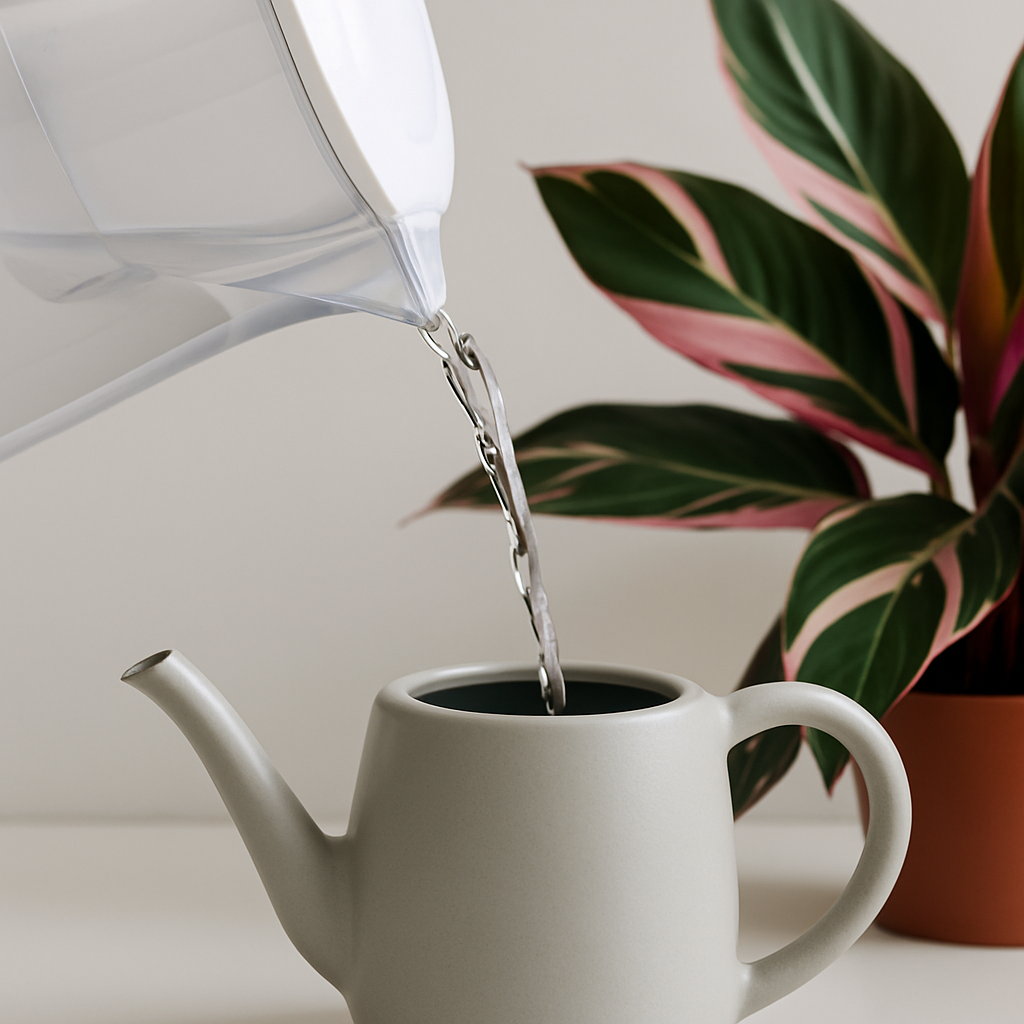 Filtered water being poured from a Brita-style water filter jug into a watering can, next to a Stromanthe Triostar