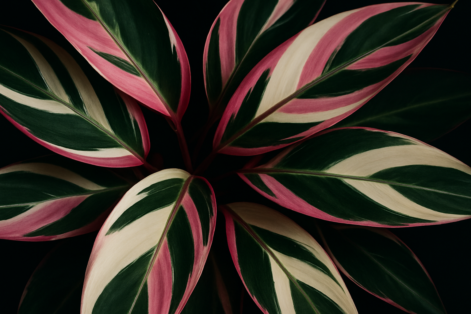 Stromanthe Triostar leaves showing pink, white, and green tricolor variegation against a dark background