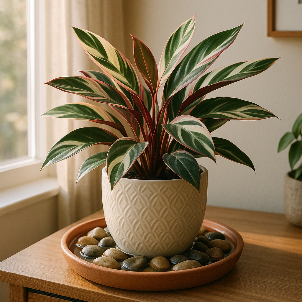 Stromanthe Triostar sitting on a pebble tray with water visible, in a bright room with warm natural light