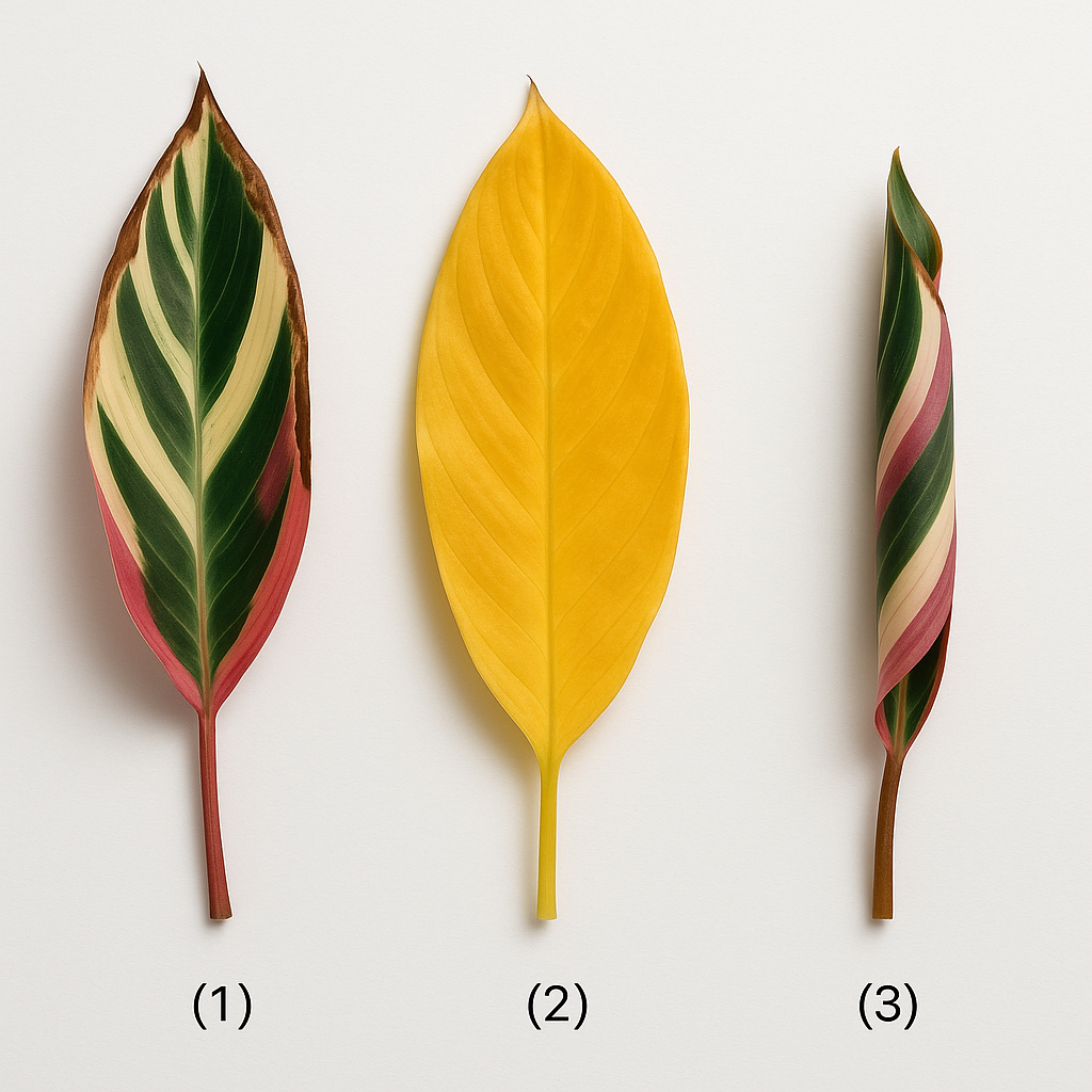 Three Stromanthe Triostar leaves showing brown tips, yellowing, and leaf curl — the three most common problem patterns