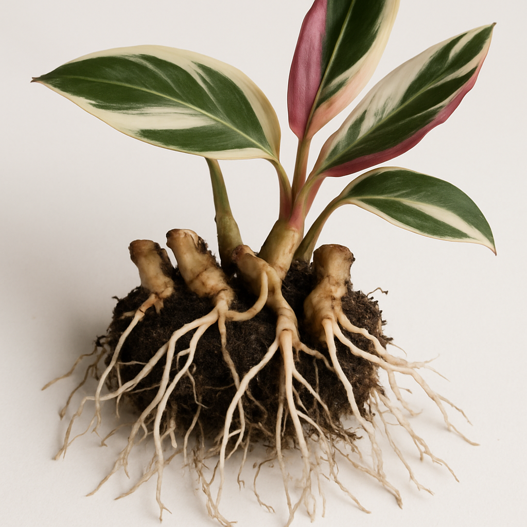 Exposed root ball of a Stromanthe Triostar showing natural rhizome division points and white roots
