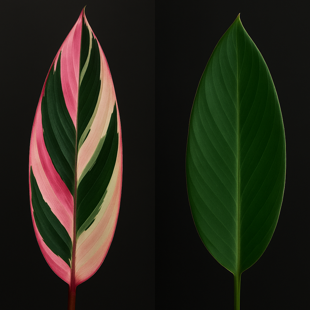 Side by side comparison of a pink variegated Stromanthe Triostar leaf and a reverted all-green leaf from the same plant