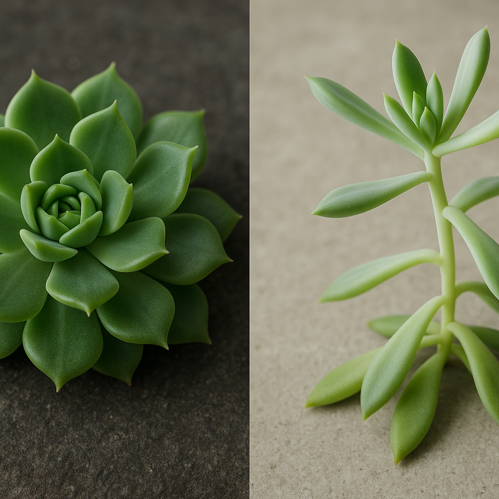 Compact succulent vs etiolated stretched succulent comparison
