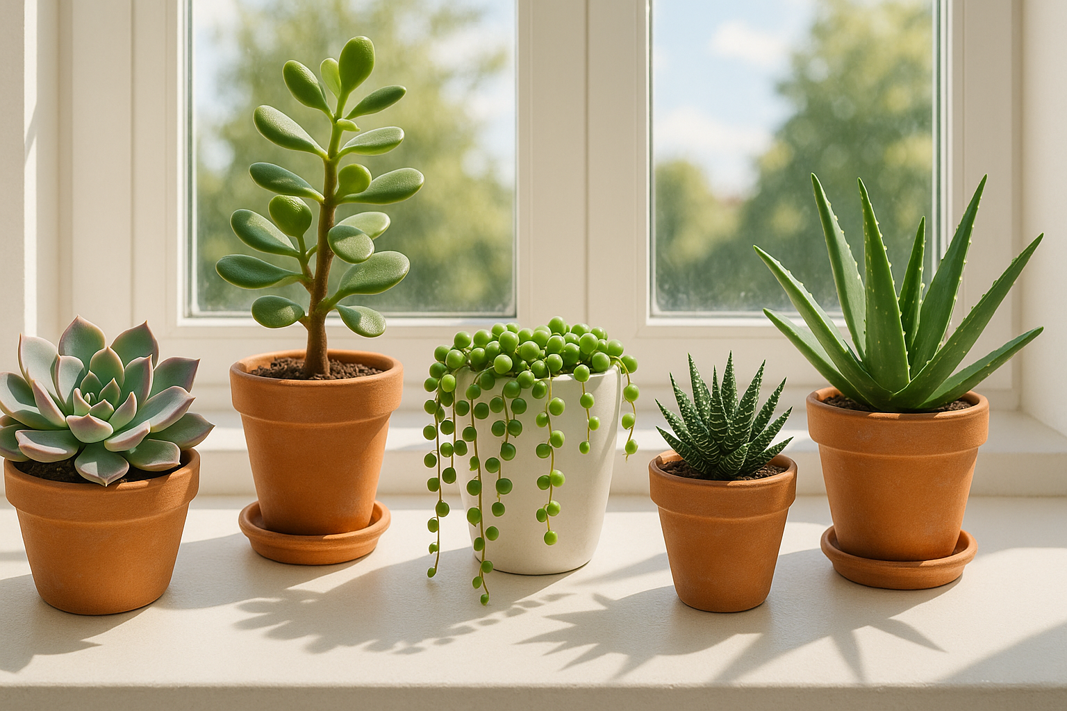 Bright windowsill with varied succulents in terracotta pots showing healthy colors