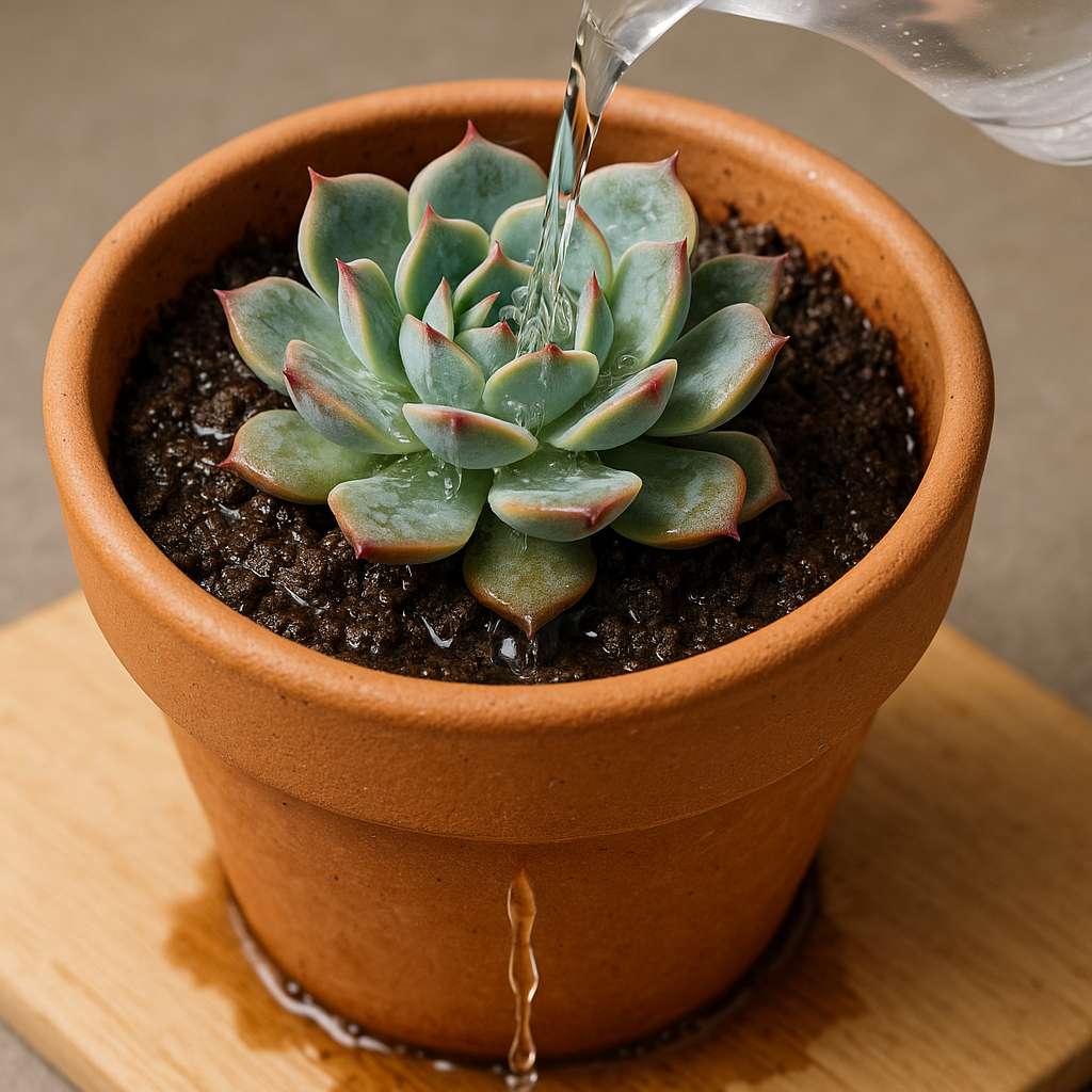 Succulent watering schedule infographic showing soak-and-dry timeline