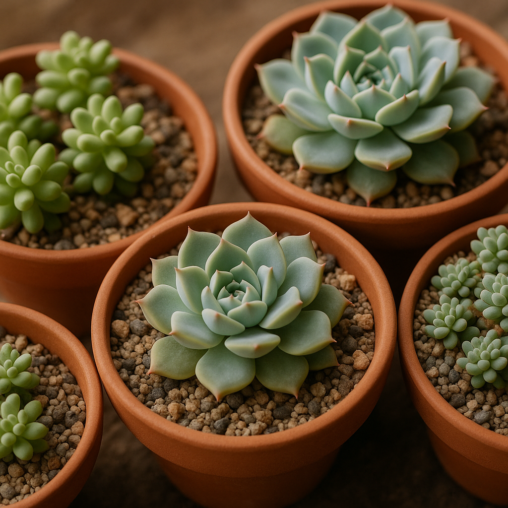 Echeveria and sedum succulents in fast-draining gritty succulent soil mix