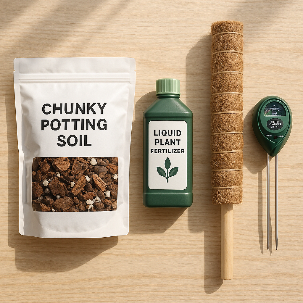 Flatlay of syngonium care essentials: a bag of aroid soil mix, liquid fertilizer bottle, moss pole, and moisture meter on a wooden surface