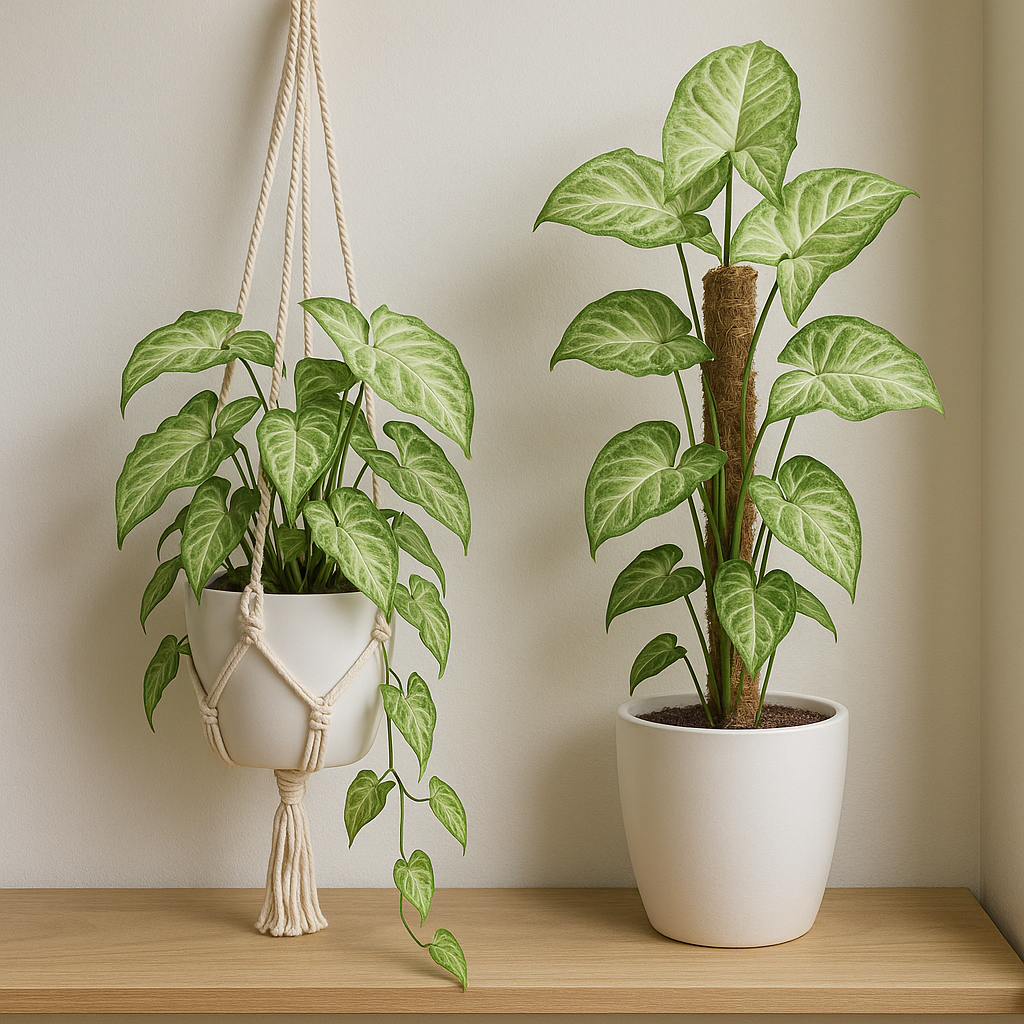 Two syngonium plants shown in different display styles — left plant trails from a hanging basket, right plant climbs up a moss pole