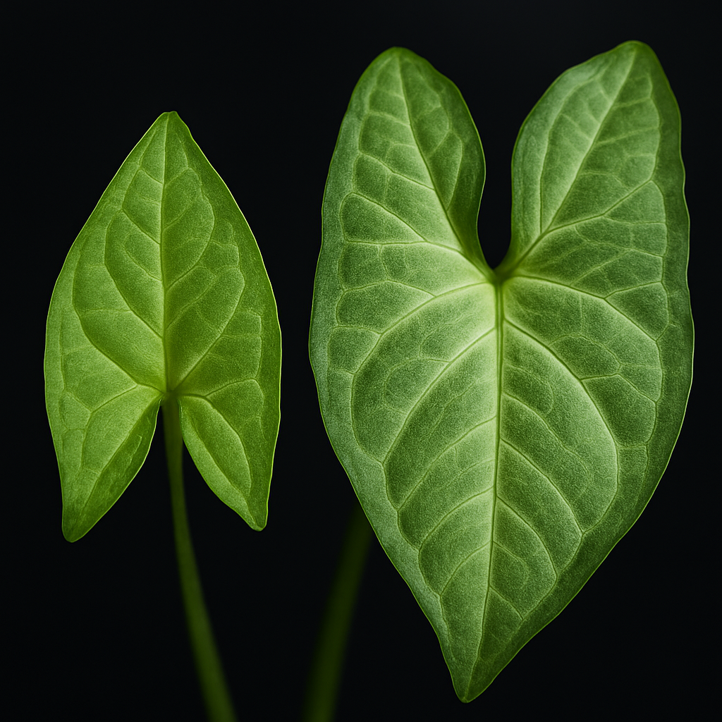 Closeup of two syngonium leaves from the same plant — left leaf is small, arrowhead-shaped (juvenile) and right leaf is larger with deep lobes (adult)