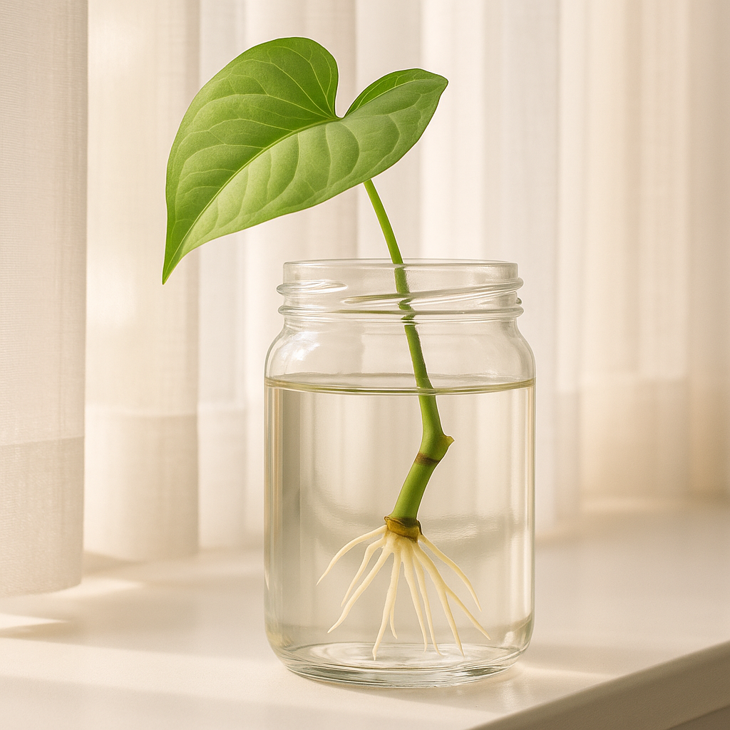 Clear glass jar with a syngonium stem cutting in water, showing white roots growing from the node, on a sunny windowsill