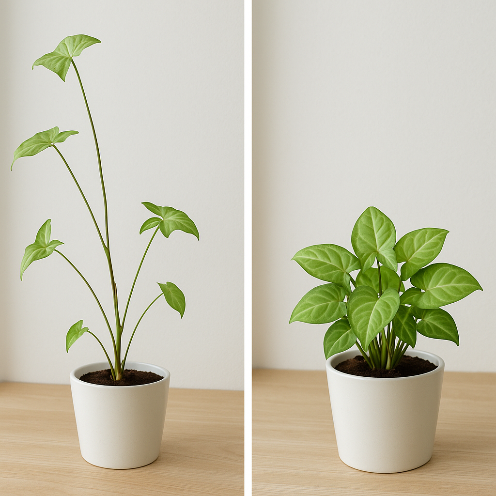 Side-by-side comparison of a leggy, stretched syngonium before pruning and the same plant six weeks later, full and bushy