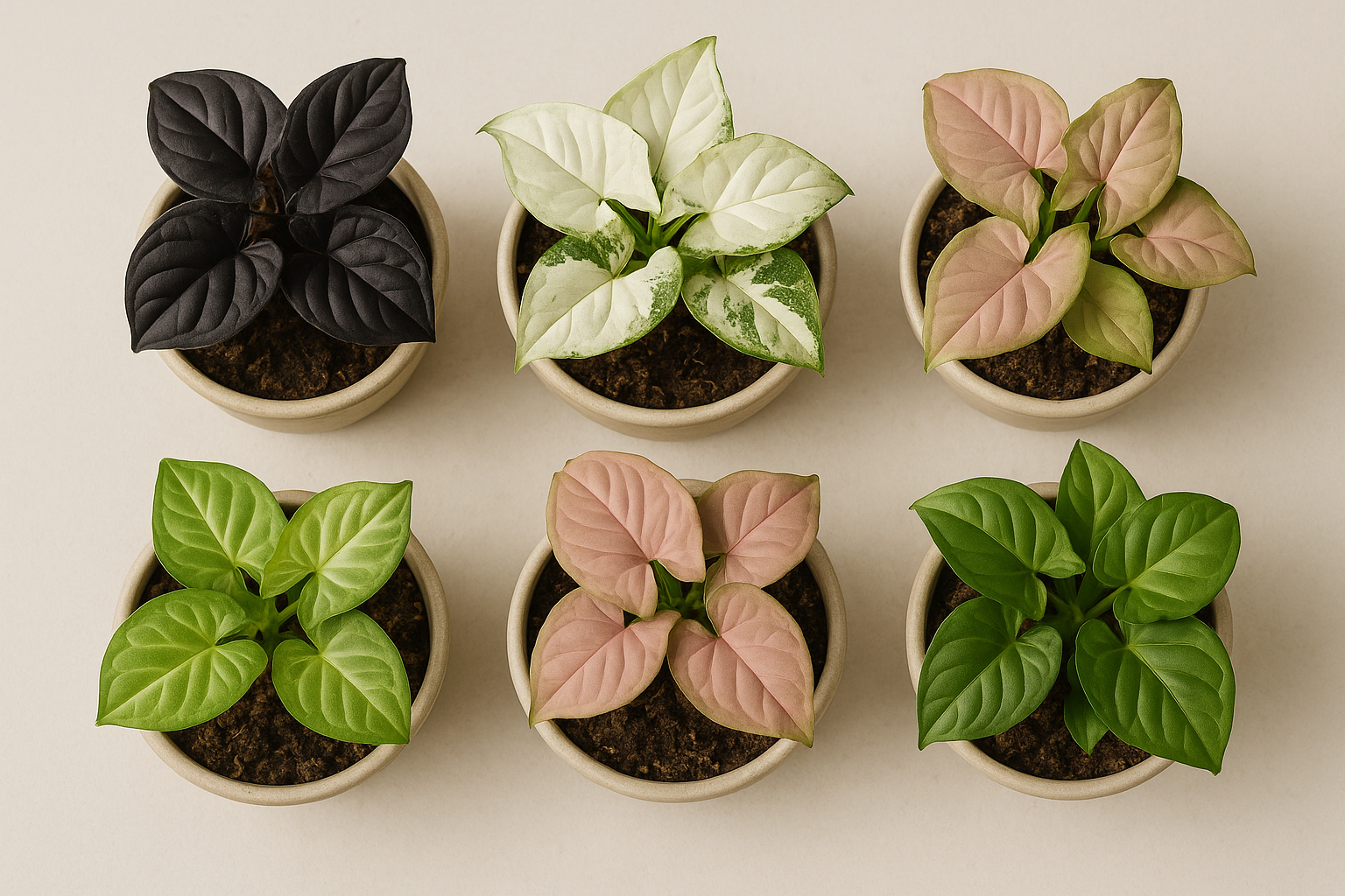 Seven syngonium varieties arranged by aesthetic style — dark, white variegated, pink, and solid green — in an overhead flatlay against a light background