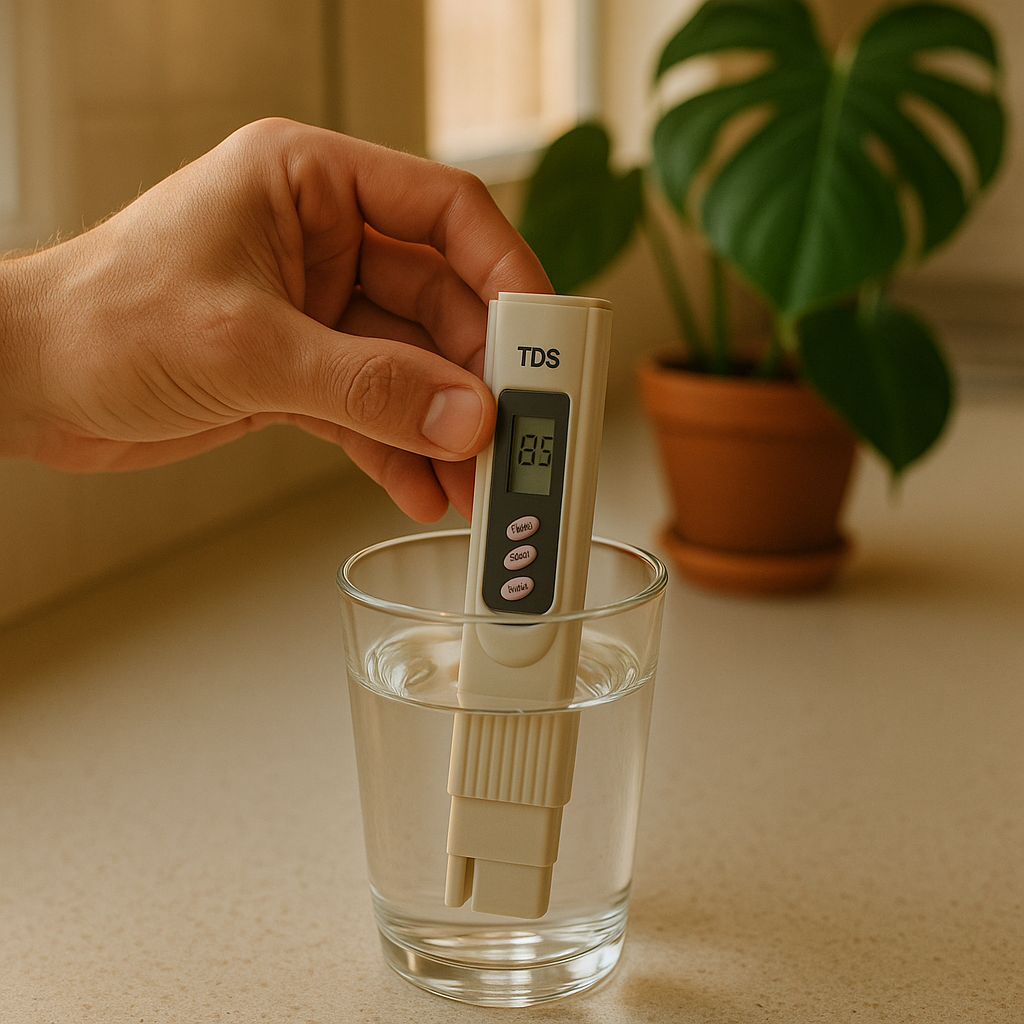 Person using a TDS meter to test tap water in a clear glass on a kitchen counter with a healthy monstera plant nearby