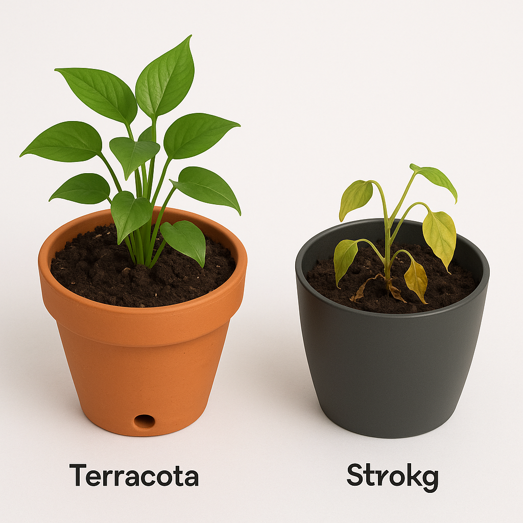 Two pots side by side: terracotta with drainage hole and plastic decorative pot without holes