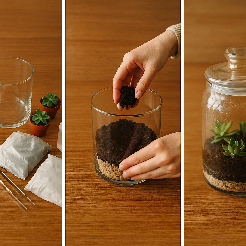 Three-photo terrarium build sequence showing empty glass jar with materials, mid-build layering, and finished sealed terrarium