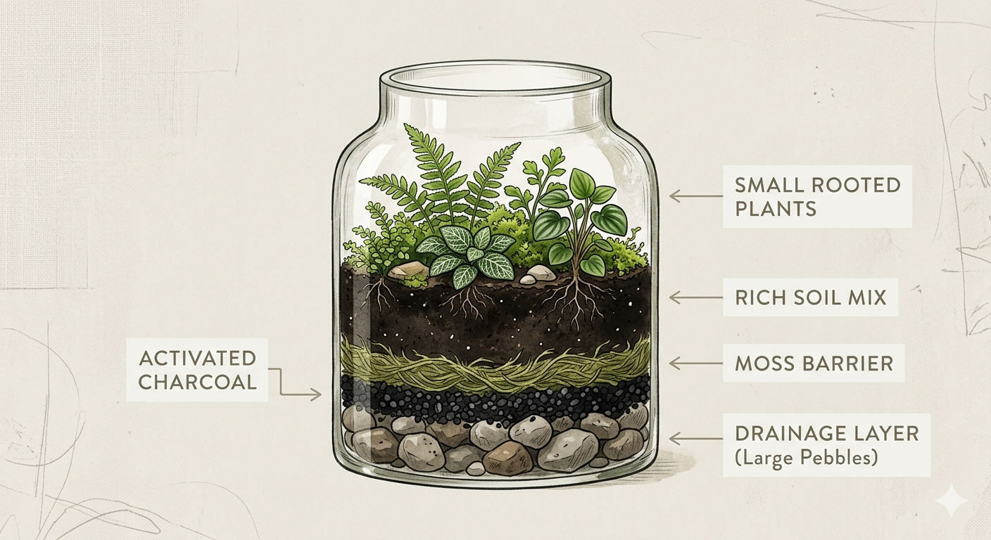 Cross-section diagram showing terrarium layers: drainage pebbles, activated charcoal, mesh barrier, soil, and plants labeled
