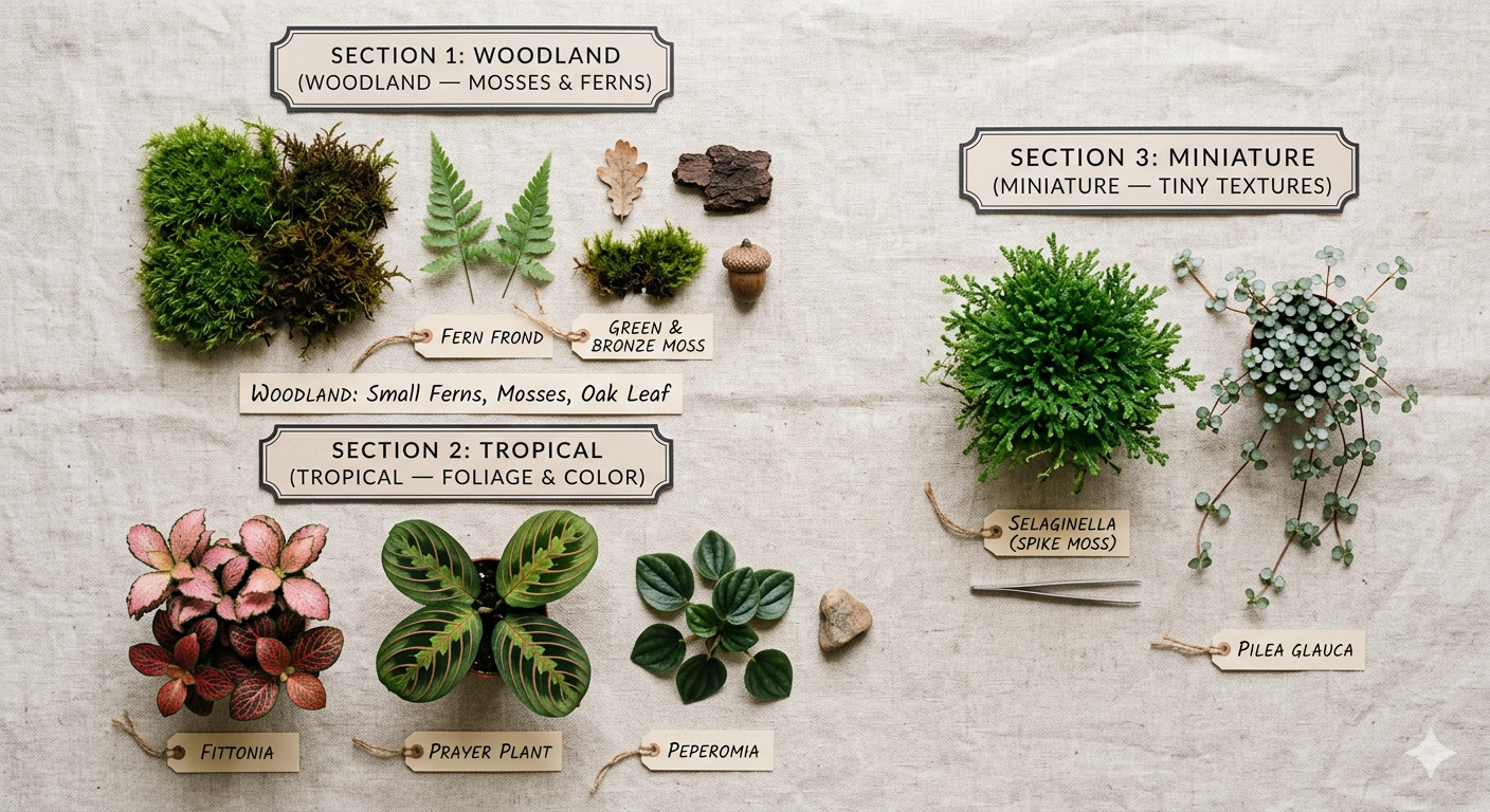 Three terrarium plant palette groupings: Woodland (ferns and moss), Tropical (Fittonia and Prayer Plant), and Miniature (Selaginella and Pilea)