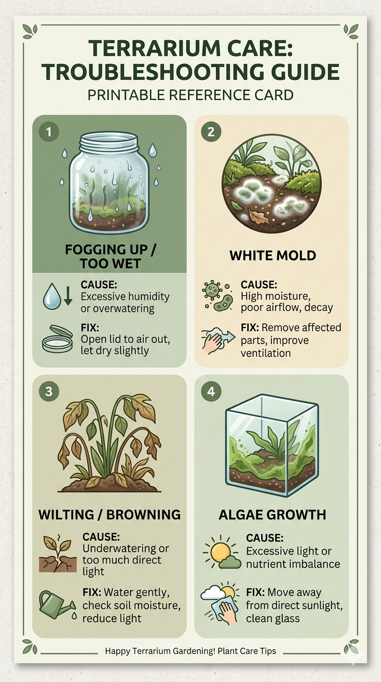 Infographic showing four common terrarium problems — fogging, mold, wilting, and algae — with root causes and quick fixes