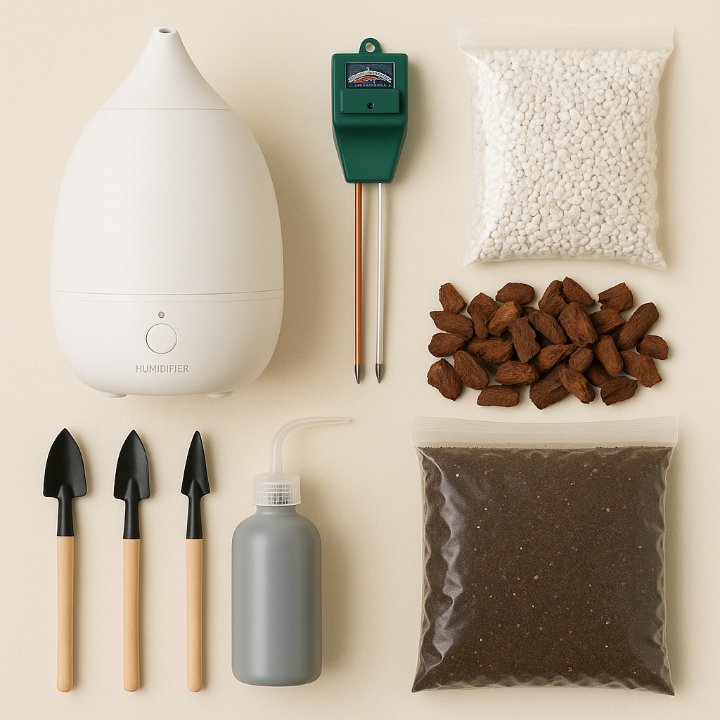 Thai Constellation Monstera care essentials: humidifier, moisture meter, chunky soil mix, perlite, orchid bark