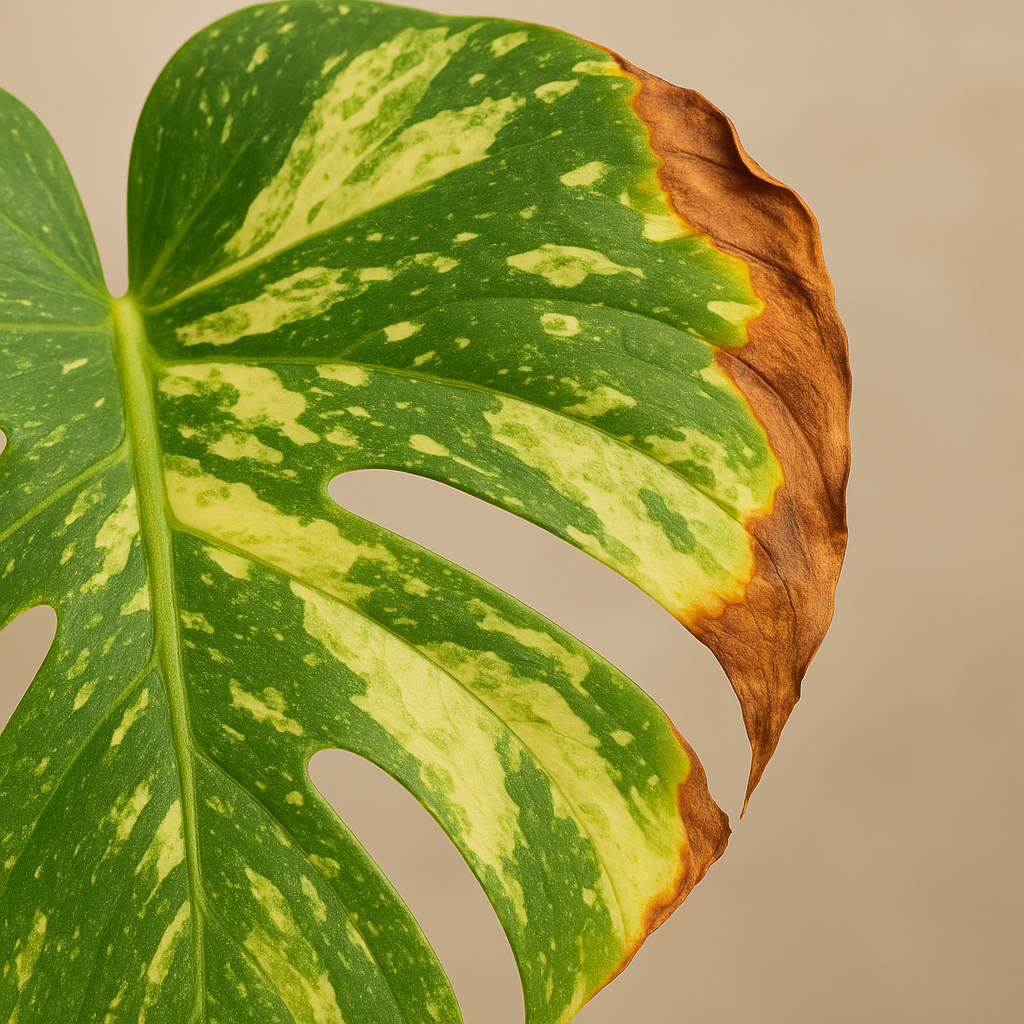 Thai Constellation Monstera leaf with brown crispy tips from low humidity
