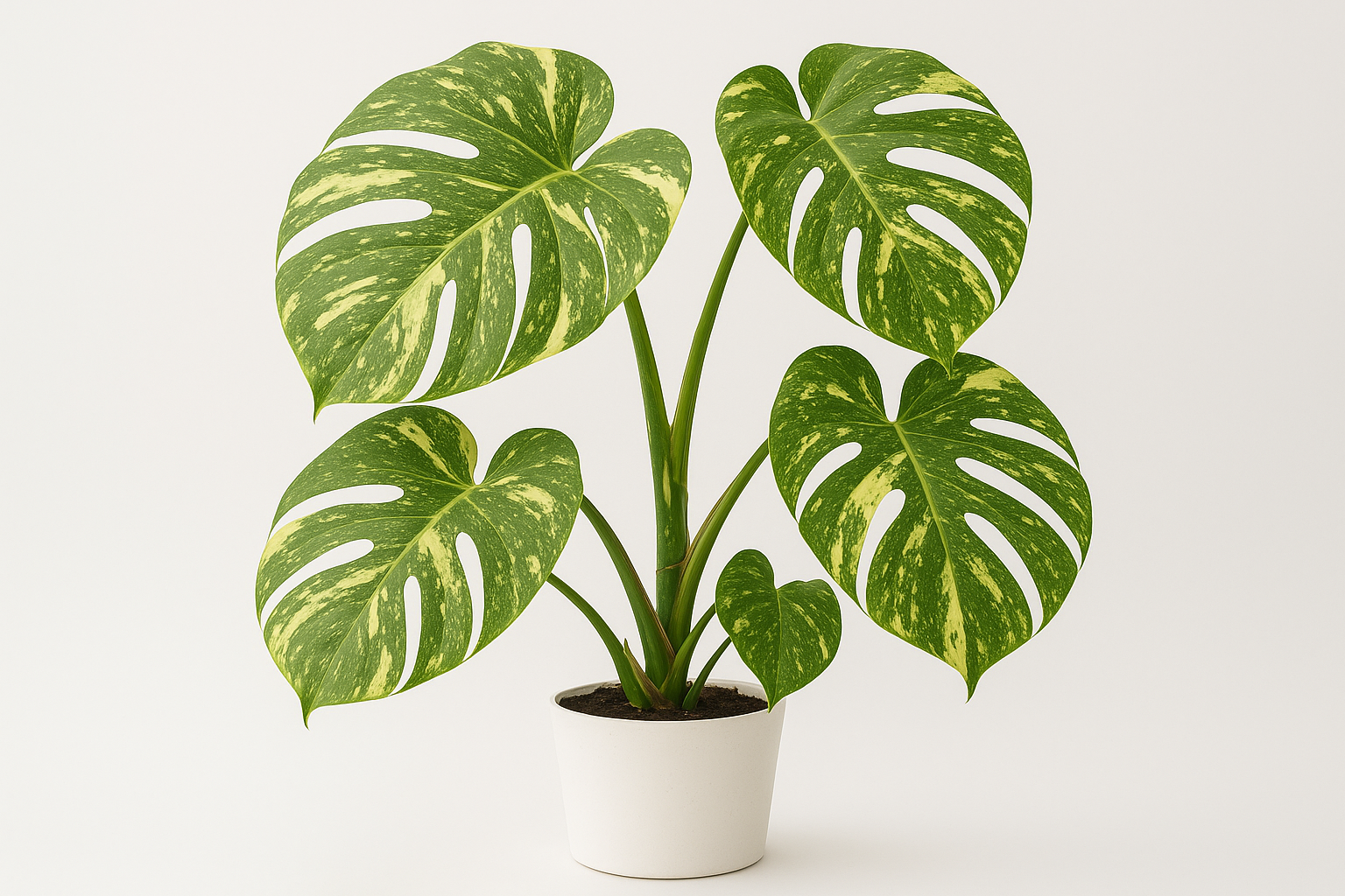 Mature Thai Constellation Monstera with multiple fenestrated leaves showing constellation variegation pattern