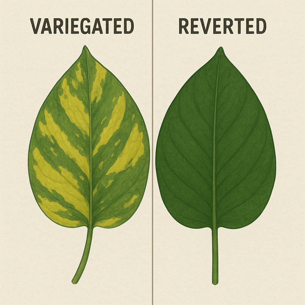 Before and after comparison showing variegated Thai Constellation leaf vs reverted solid green leaf