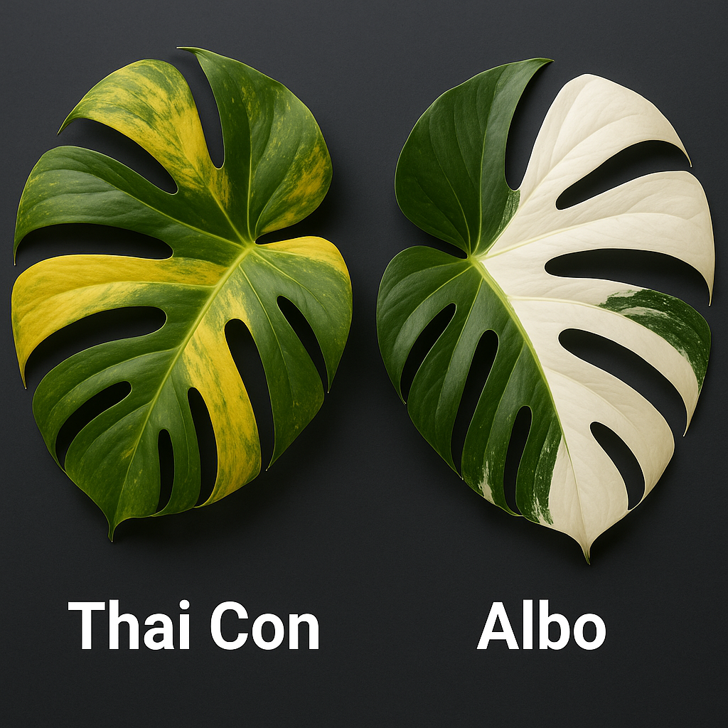 Side-by-side comparison of Thai Constellation Monstera leaf vs Albo Monstera leaf showing yellow vs white variegation