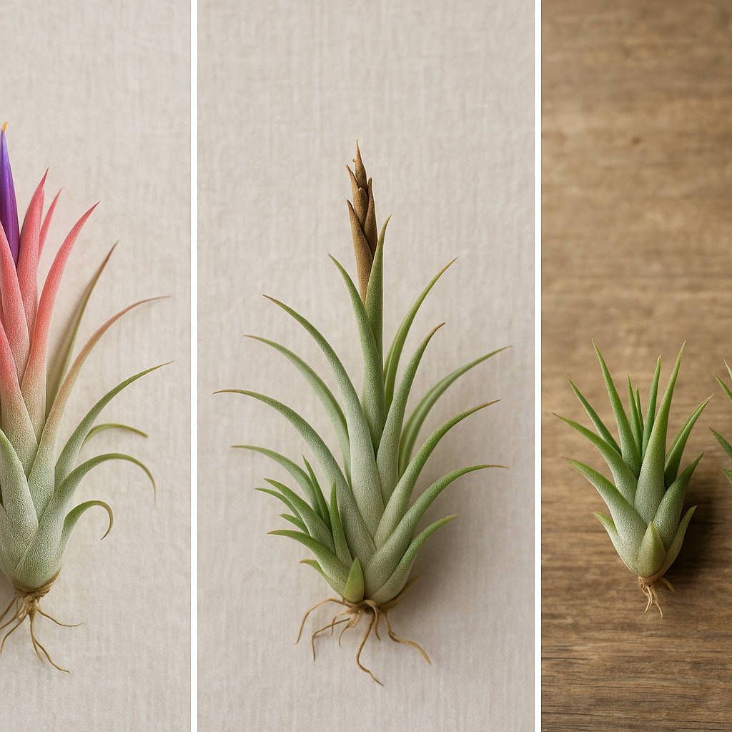 Tillandsia air plant lifecycle in three stages: blooming with a purple flower spike, post-bloom with emerging pups at the base, and separated pups growing independently
