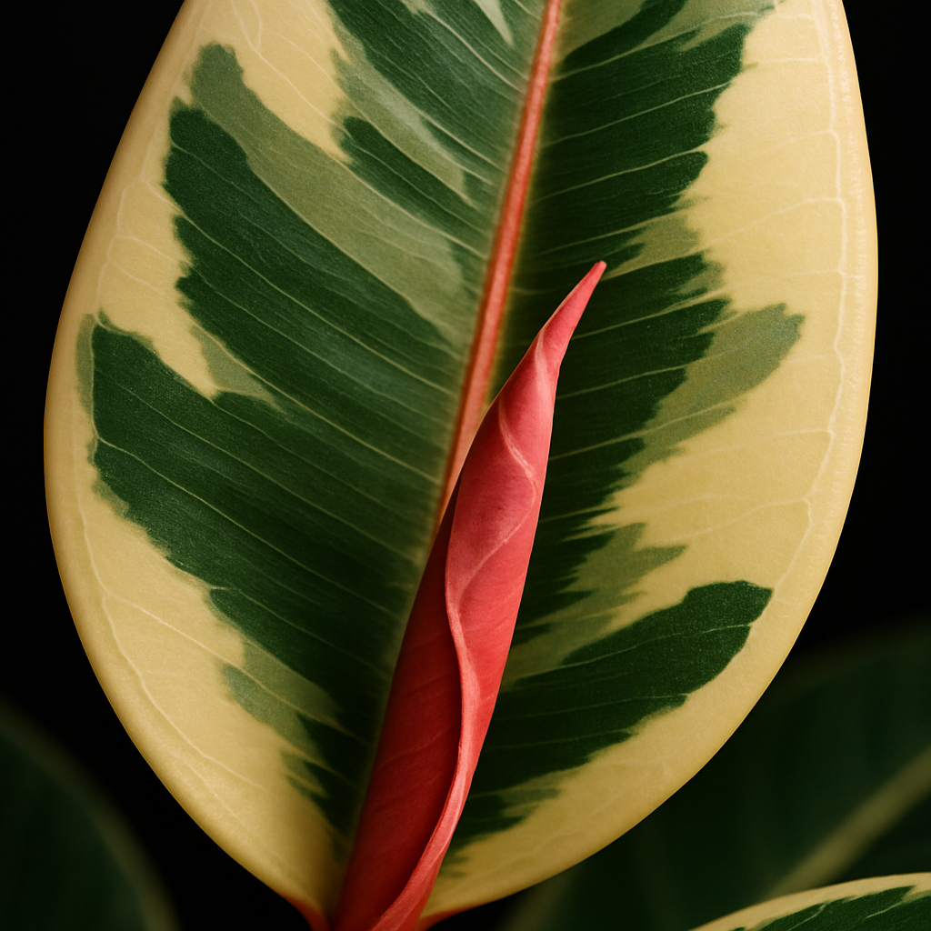 Close-up of Tineke rubber plant leaf showing green and cream variegation with pink leaf sheath