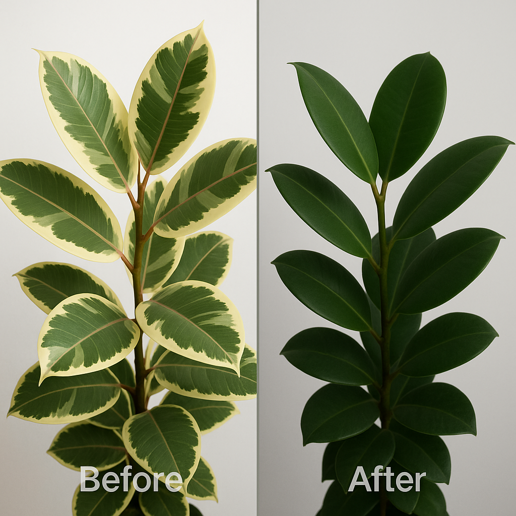 Before and after comparison of Tineke rubber plant losing variegation due to insufficient light