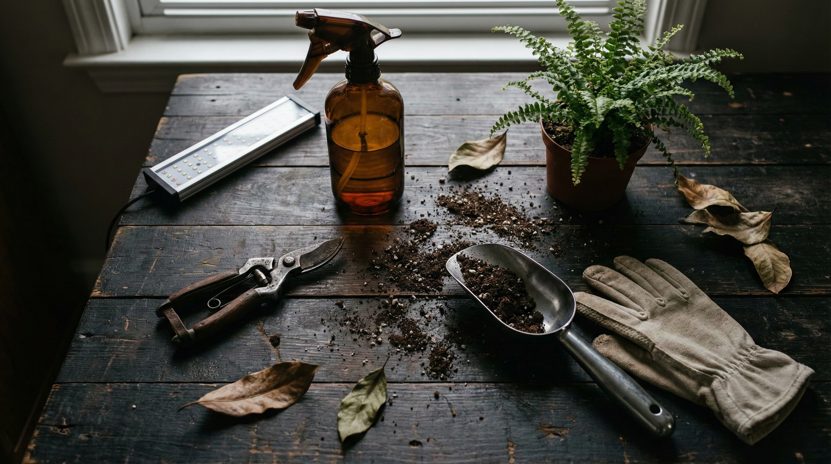 Flat lay of houseplant care tools including pruning shears, spray bottle, soil scoop, and gloves