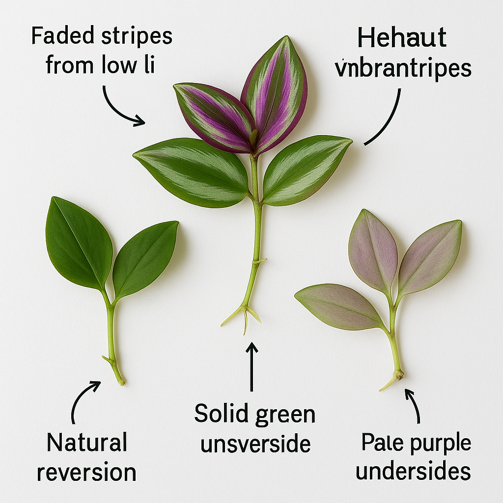 Tradescantia color decoder chart showing healthy striped leaves versus faded stripes, solid green reversion, and purple fading with causes and fixes