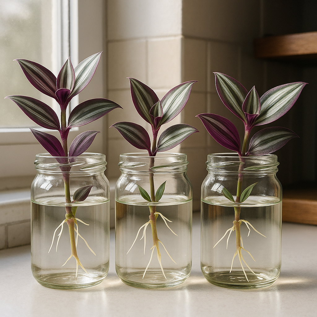 Tradescantia cuttings in clear glass jars with visible white roots growing in water, showing fast propagation results