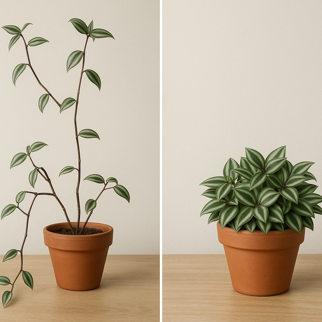Tradescantia before and after pruning showing leggy vines pruned back and bushy new growth emerging