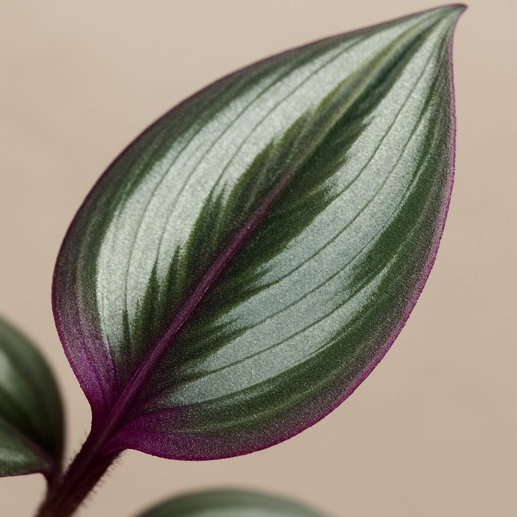 Close-up detail of Tradescantia leaves showing healthy vibrant coloring, with inset showing common problems like yellowing and brown tips