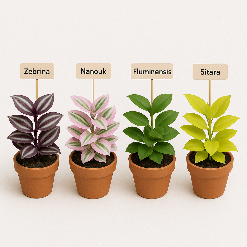 Four tradescantia varieties side by side: Tradescantia Zebrina with purple and silver stripes, Tradescantia Nanouk with pink green and white variegation, Tradescantia Fluminensis all green leaves, and Tradescantia Sitara with golden yellow coloring