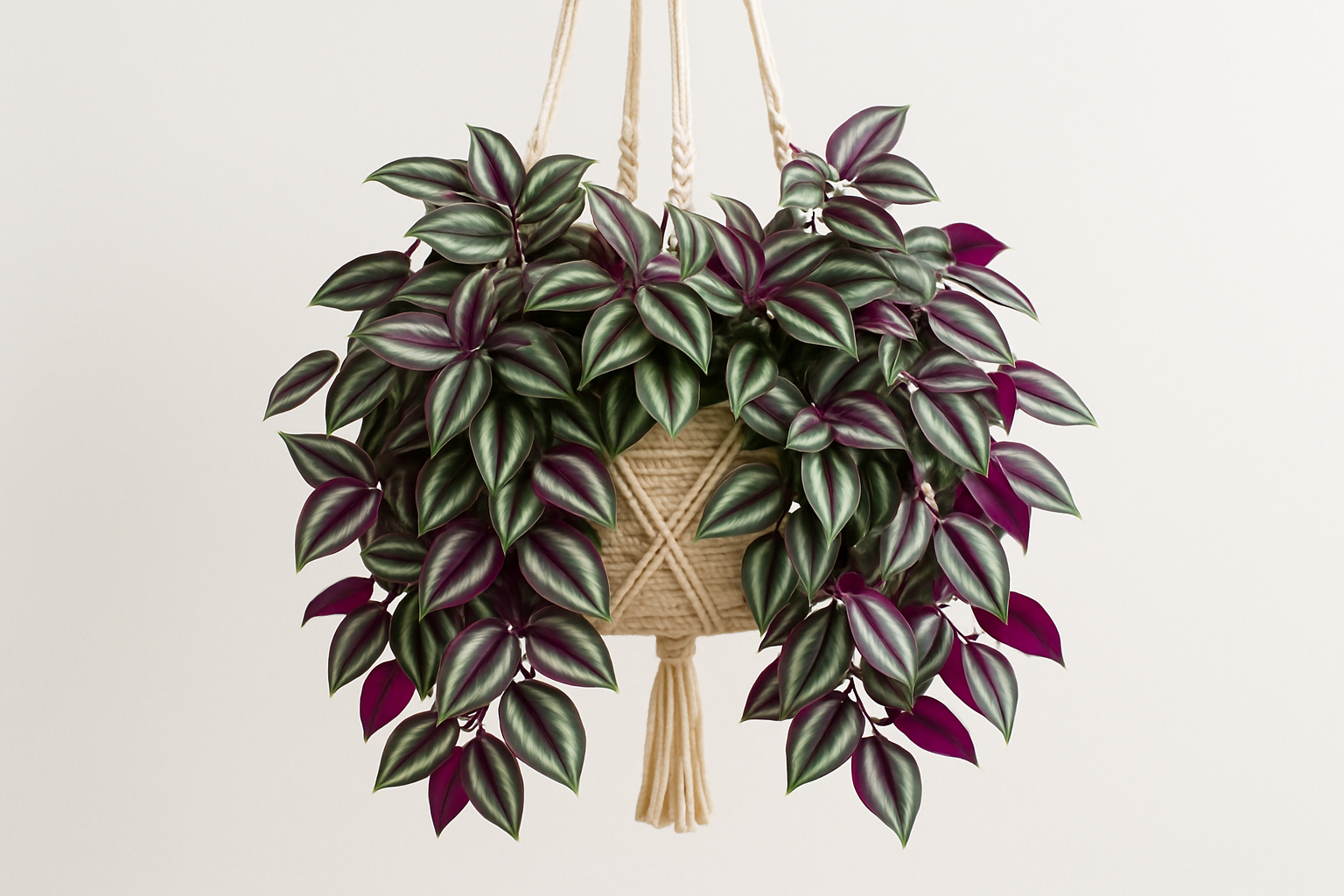 Full, lush Tradescantia Zebrina with vibrant purple and silver striped leaves cascading from a cream macramé hanger against a white wall