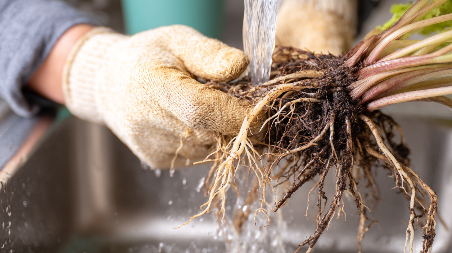 Houseplant with root rot being repotted, showing brown mushy roots vs healthy white roots after treatment