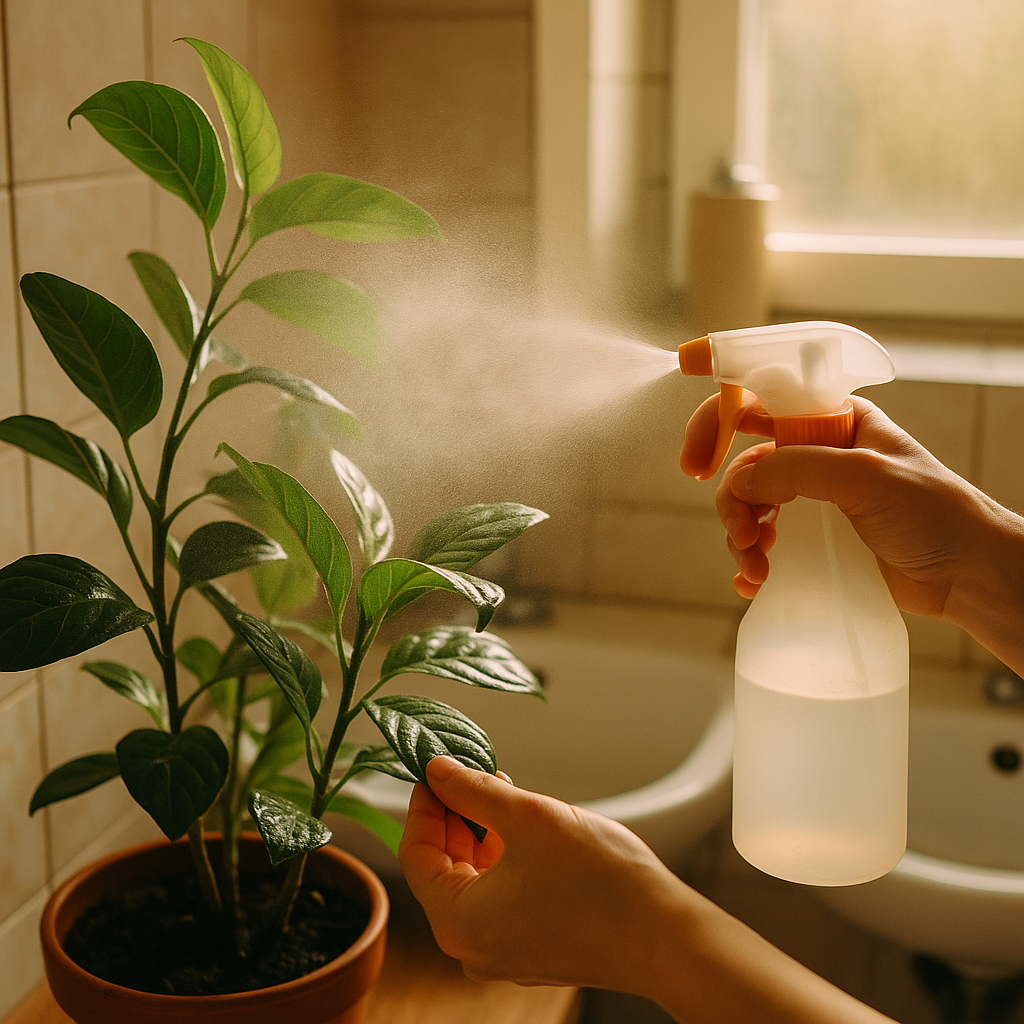 Hands spraying insecticidal soap on a houseplant with aphids in a treatment demonstration