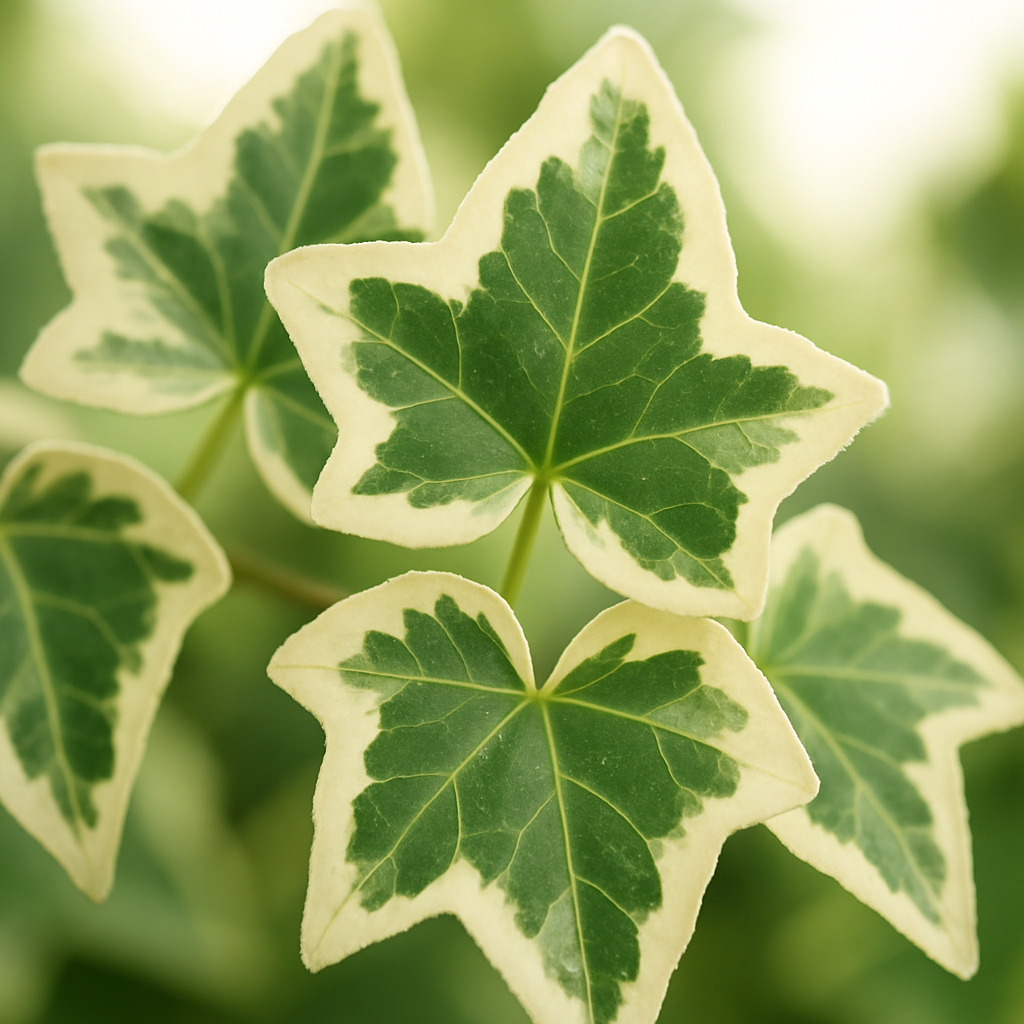 Close-up of variegated Glacier English Ivy leaves showing cream and white edges against dark green centers, backlit by bright indirect light